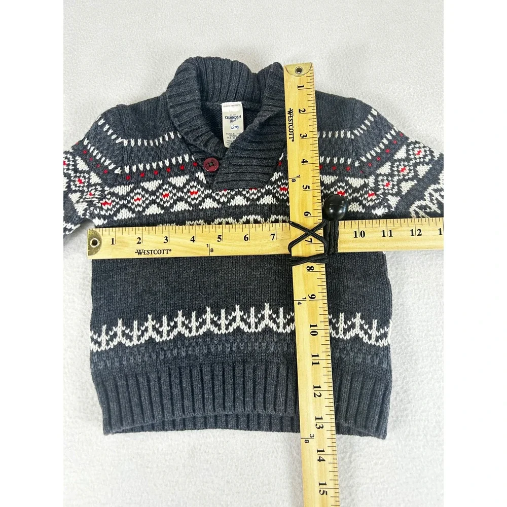 OshKosh Bgosh Boys 12M Fair Isle Shawl Collar Sweater Grey Cotton 433C327 NWT